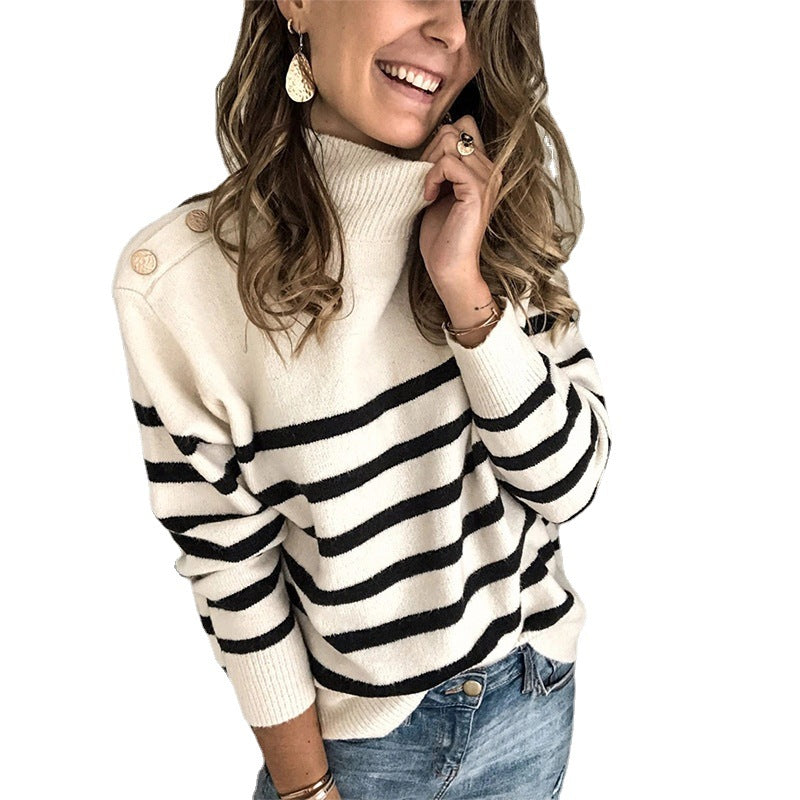 Pull femme à col haut avec motif rayé et boutons décoratifs Chic und Stil