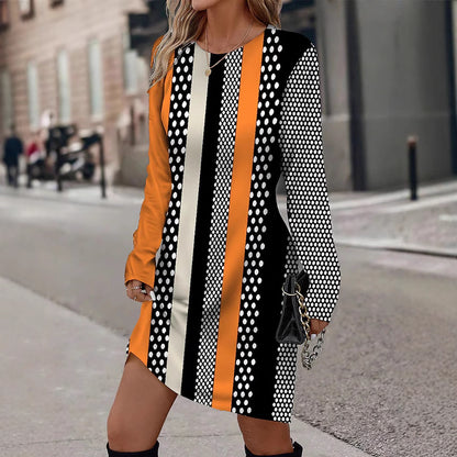 Robe longue à manches longues pour femmes avec motif graphique à rayures et design ponctuel Chic und Stil