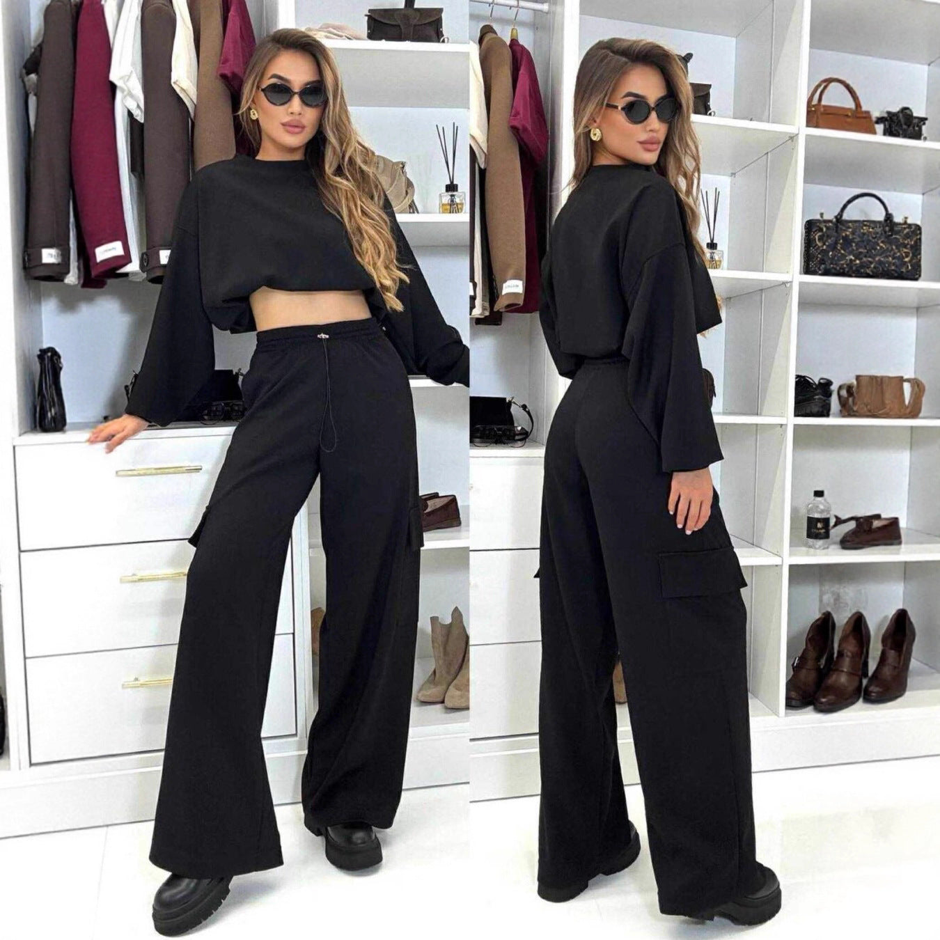 Casual cropped sweatshirt set for women and loose cargo pants Chic und Stil