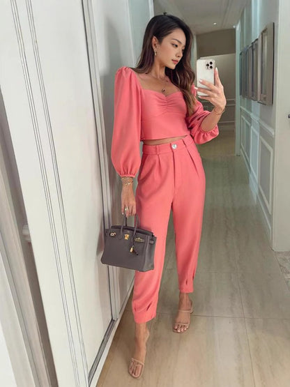 Women Elegant High-End with Balloon Sleeves and High-Waisted Pants Chic and Style