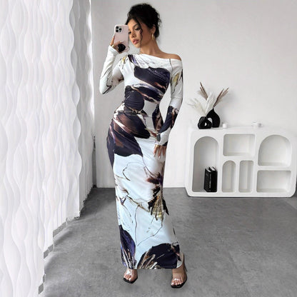 Robe maxi élégante pour femmes avec impression artistique originale et design sans épaules Chic und Stil