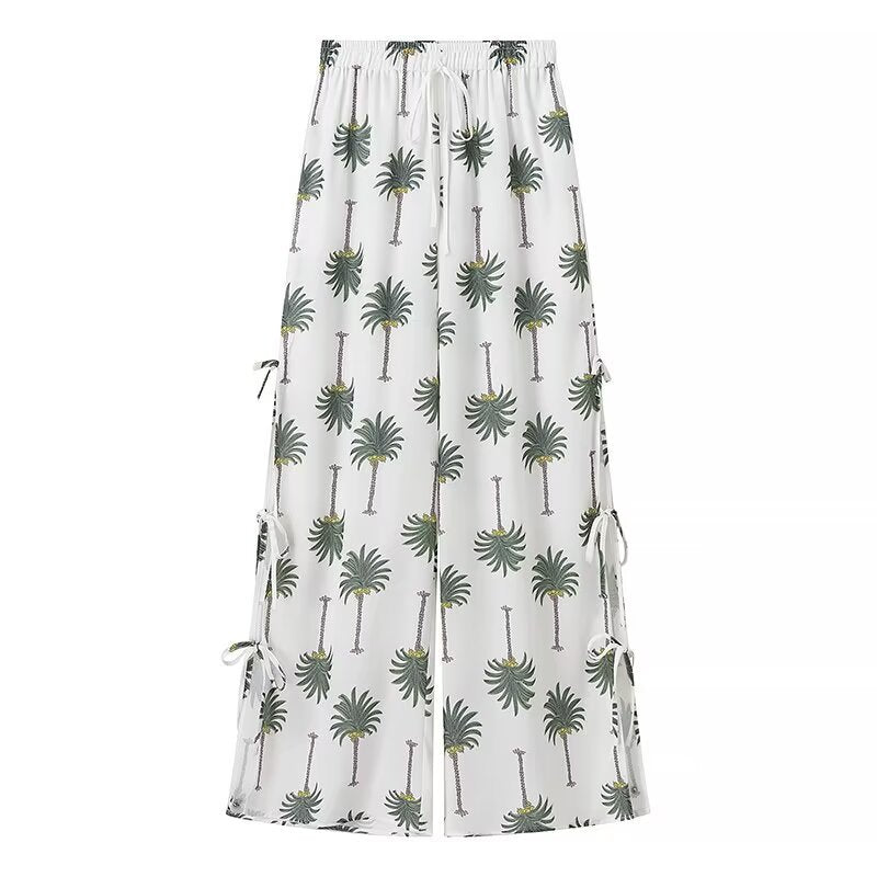 Chic and Style Women's Palazzo Pants with Palm Floral Print and Lace-Up Details on the Sides