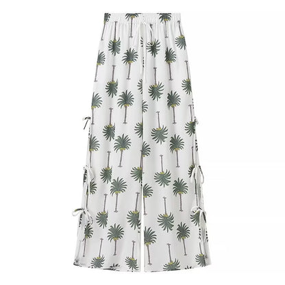 Chic and Style Women's Palazzo Pants with Palm Floral Print and Lace-Up Details on the Sides