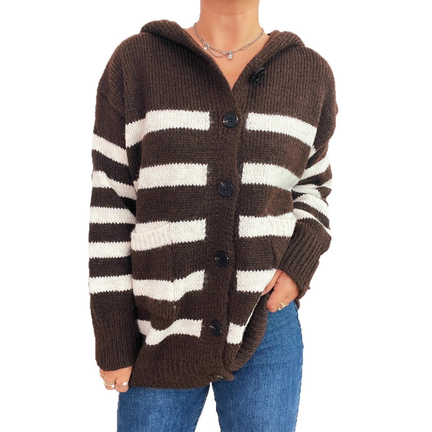 Dame oversized cardigan en tricot avec des rayures contrastantes et une capuche Chic und Stil