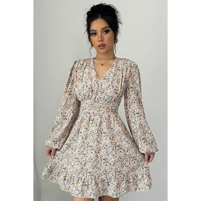 Robe mini ornée de fleurs pour femmes avec décolleté en V profond et manches volumineuses Chic und Stil