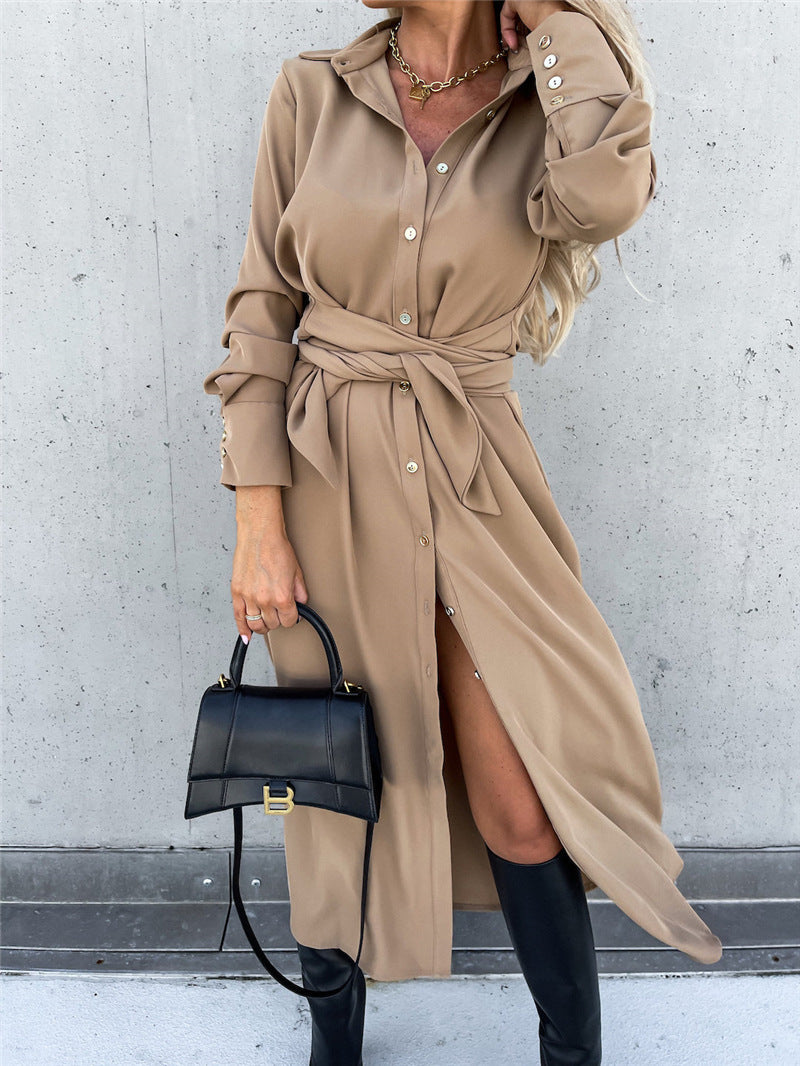 Dames Robe Midi Élégante avec Ceinture et Patte de Boutonnage Chic und Stil