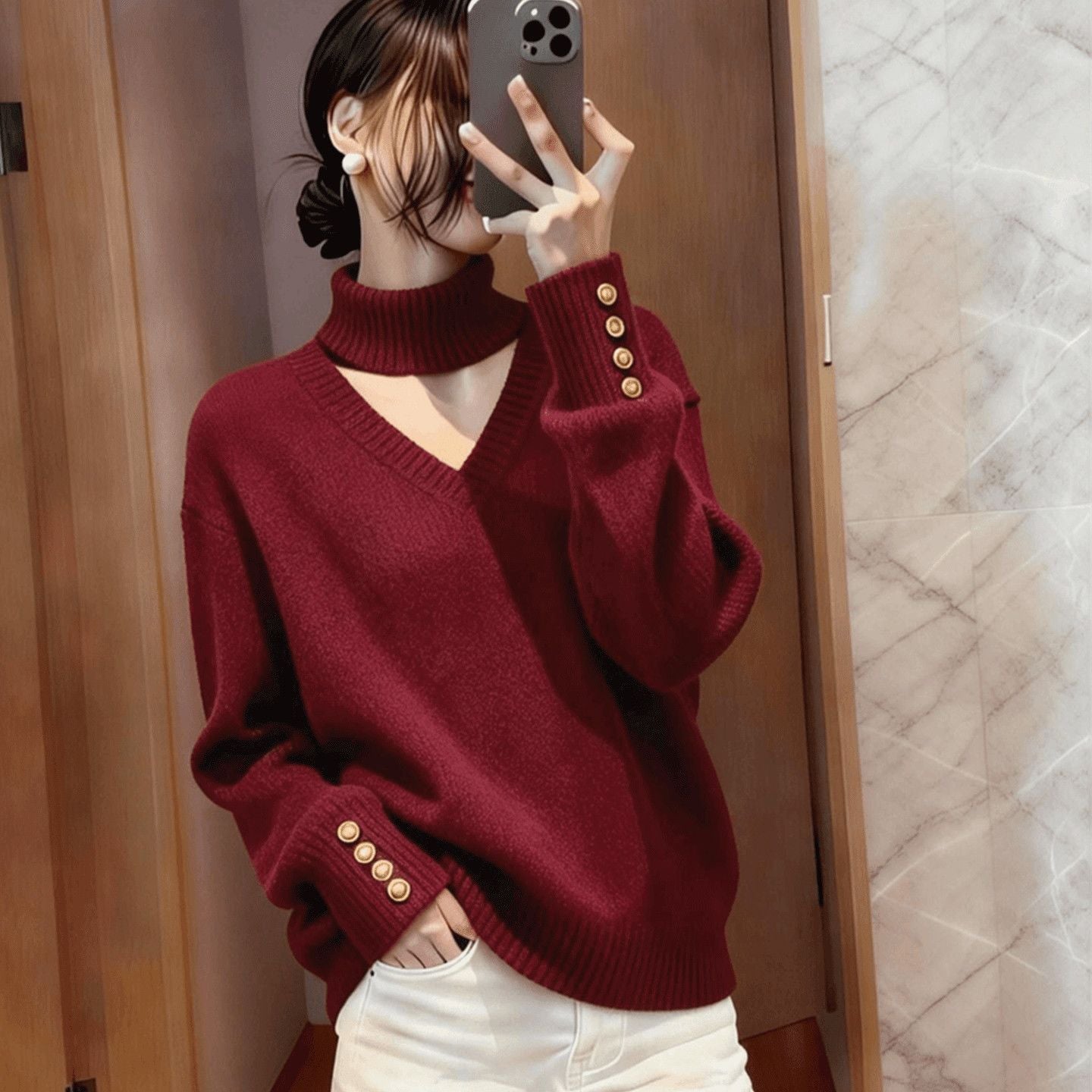 Pull en cachemire de luxe pour femmes avec col roulé et détails de boutons Chic & Stil