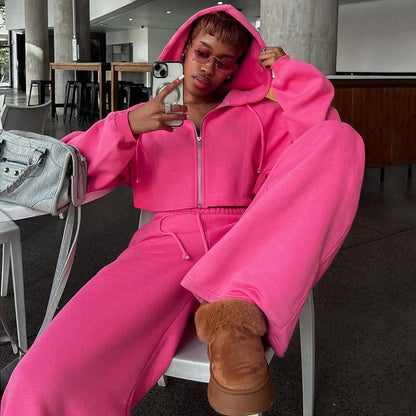 Dames Combinaison de sport à capuche avec haut court et pantalons amples Chic und Stil