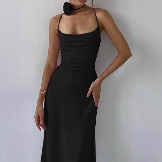 Dames Élégant Maxi-Robe en Coton de Sol avec Fins Bretelles Spaghetti et Décolleté Profond Chic und Stil
