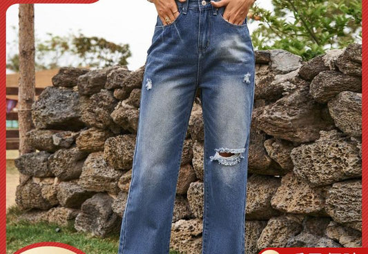 Women High Waist Jeans with Ripped Details and Wide Leg Chic and Style