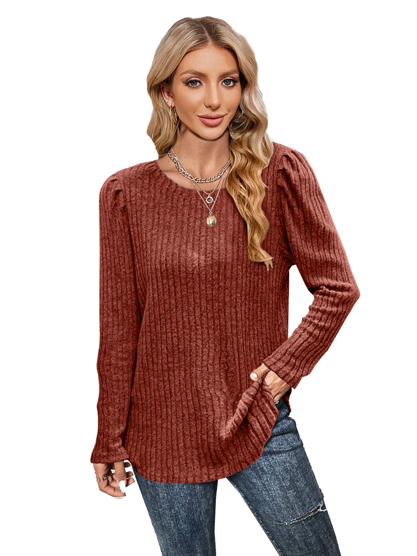 Pull en tricot pour femmes avec manches bouffantes et motif en fines côtes Chic und Stil