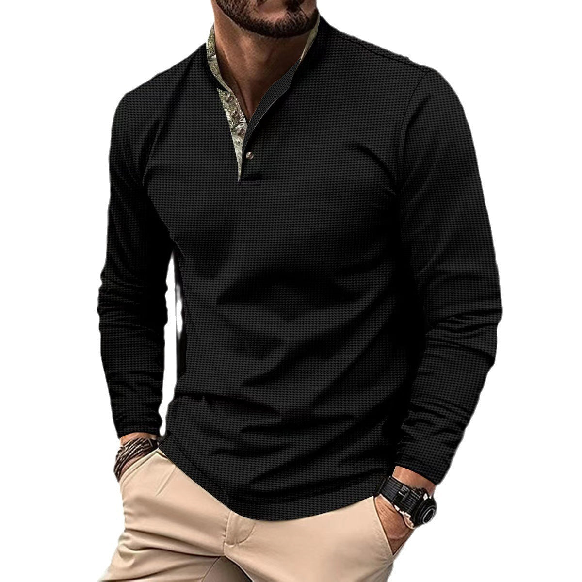 Chemise pour hommes à manches longues avec un col montant moderne et un motif à carreaux discret Chic und Stil
