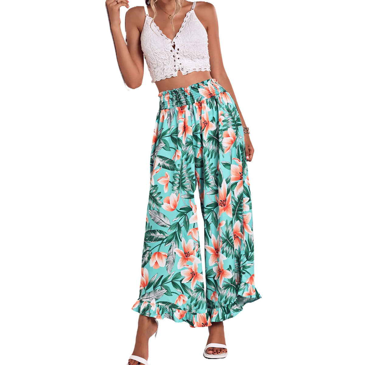 Wide palazzo pants for women with a floral design and an elastic waistband Chic and Style