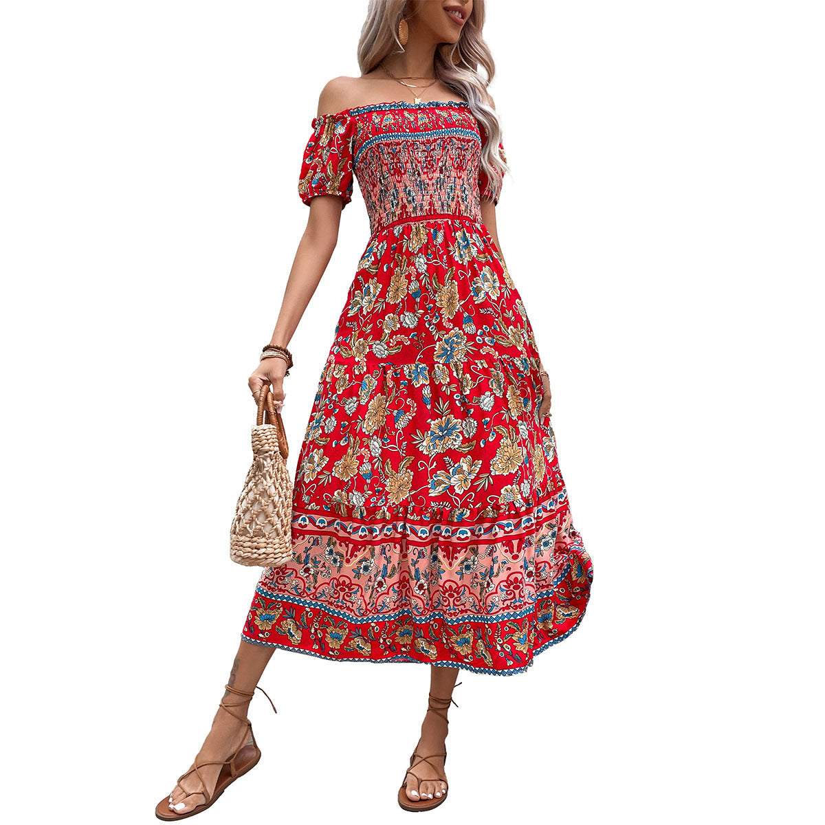 Femme Off-Shoulder Bohémien Maxi Robe Chic und Stil