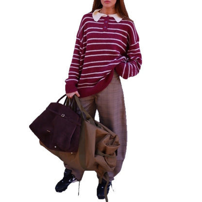 Ladies oversized casual pullover with shawl collar and stripes Chic und Stil
