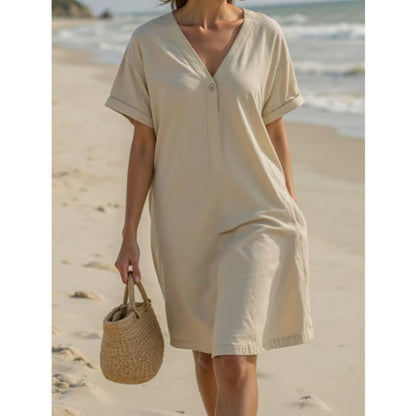 Dames Robe d'été légère avec des manches retroussées et une patte de boutonnage pratique Chic und Stil