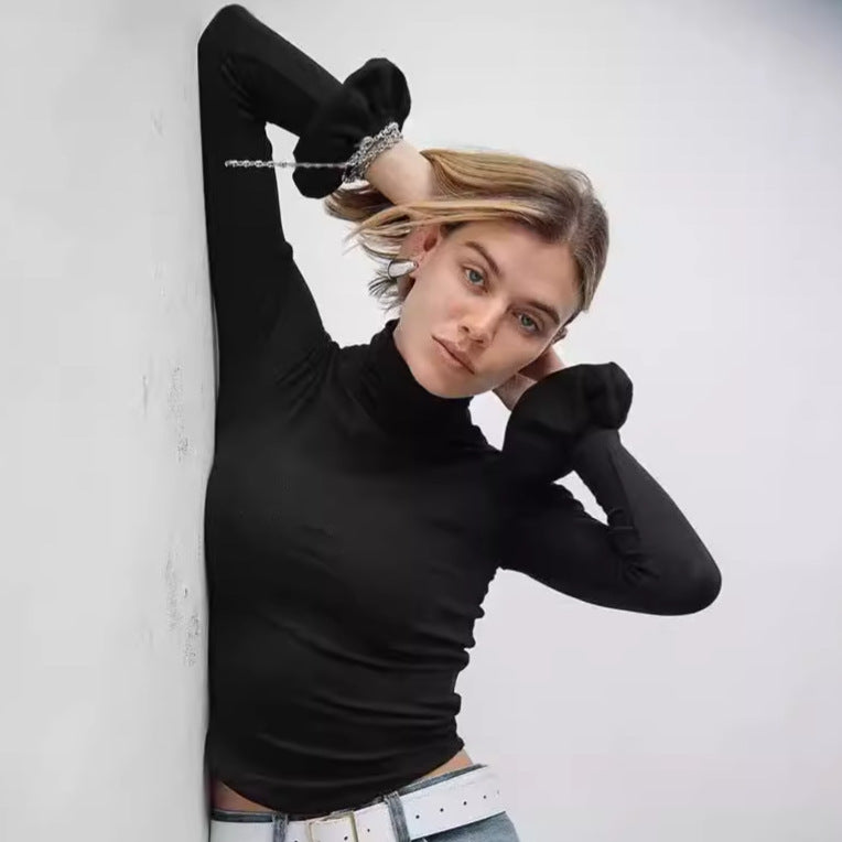 Dames Haut élégante à manches longues avec col haut et détails froncés Chic und Stil