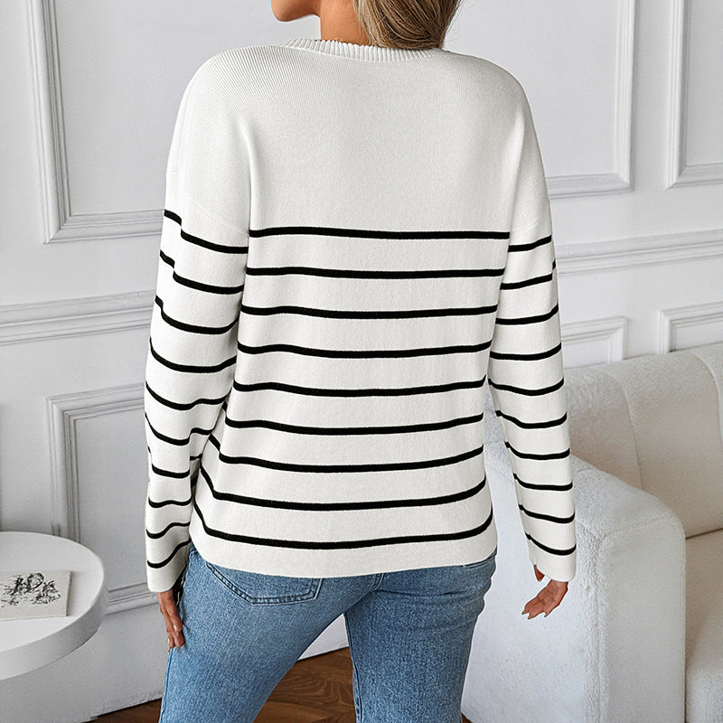Pull en tricot pour femmes avec décolleté en V et motif rayé tendance Chic und Stil