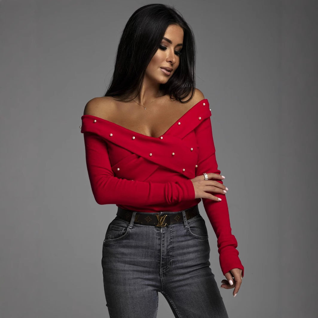 Dames haut off-épaule avec embellissement en perles et design drapé raffiné Chic und Stil