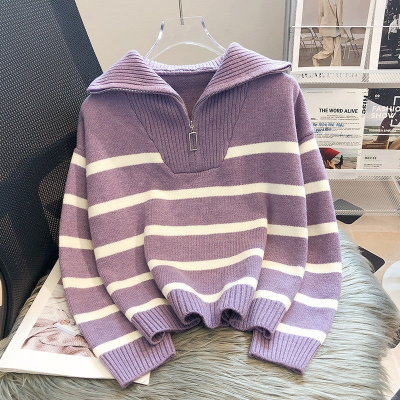 Pull à col roulé pour femmes avec fermeture éclair tendance et motif rayé Chic und Stil