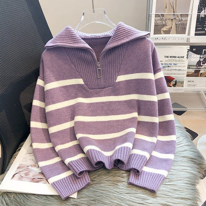 Pull à col roulé pour femmes avec fermeture éclair tendance et motif rayé Chic und Stil