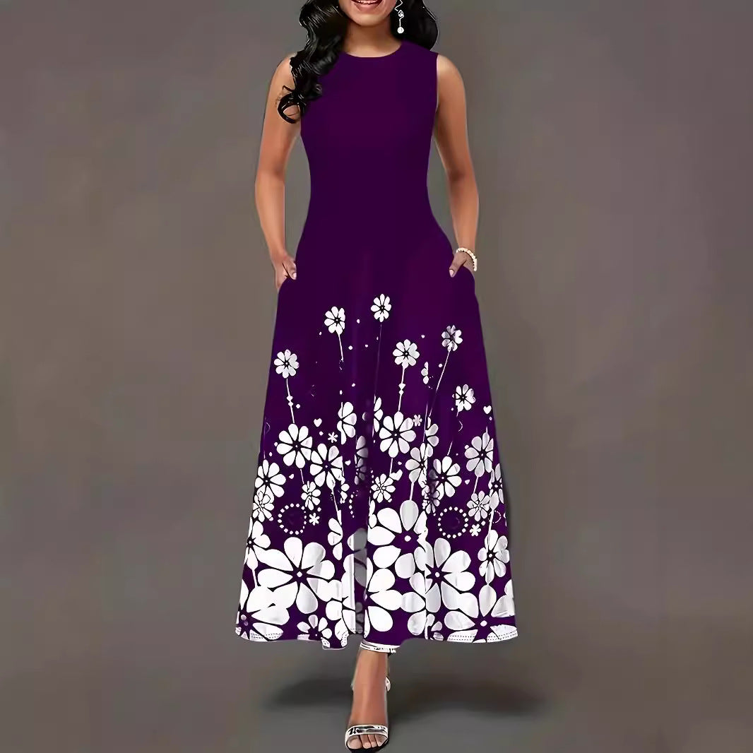 Robe maxi femme avec accents floraux et poches latérales