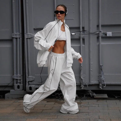 Ladies Oversized Sport Jacket with Loose Pants and Chic Breathable Top