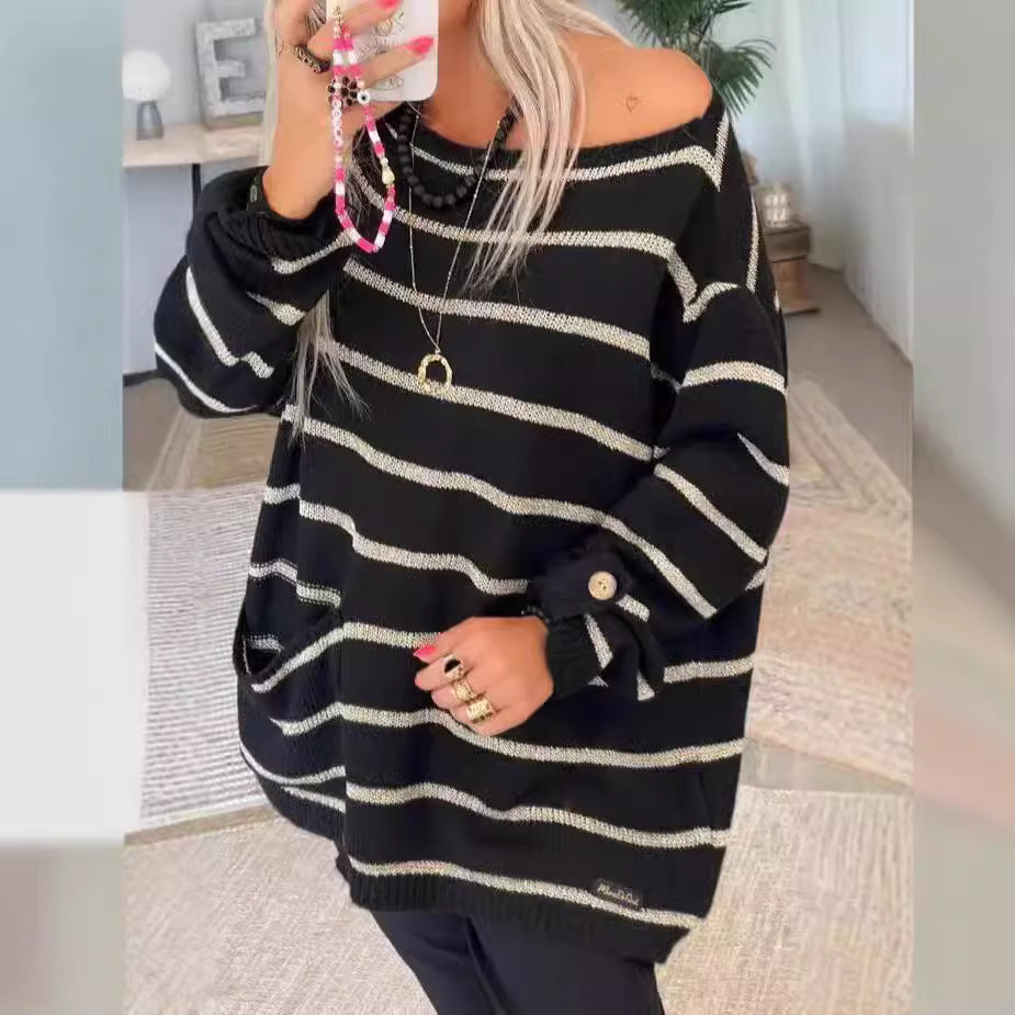 Pull en tricot surdimensionné pour femmes avec des rayures élégantes et des poches pratiques Chic und Stil