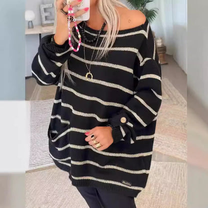 Pull en tricot surdimensionné pour femmes avec des rayures élégantes et des poches pratiques Chic und Stil
