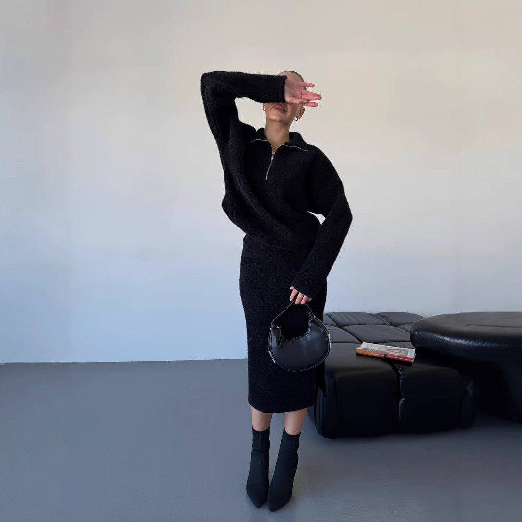 Femme pull en tricot à la mode avec fermeture éclair courte Chic und Stil