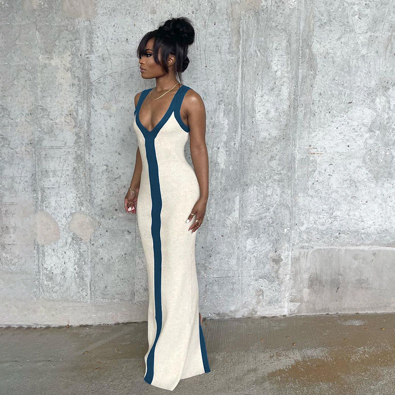 Robe maxi élégante pour femmes avec décolleté en V profond et rayure contrastante Chic und Stil