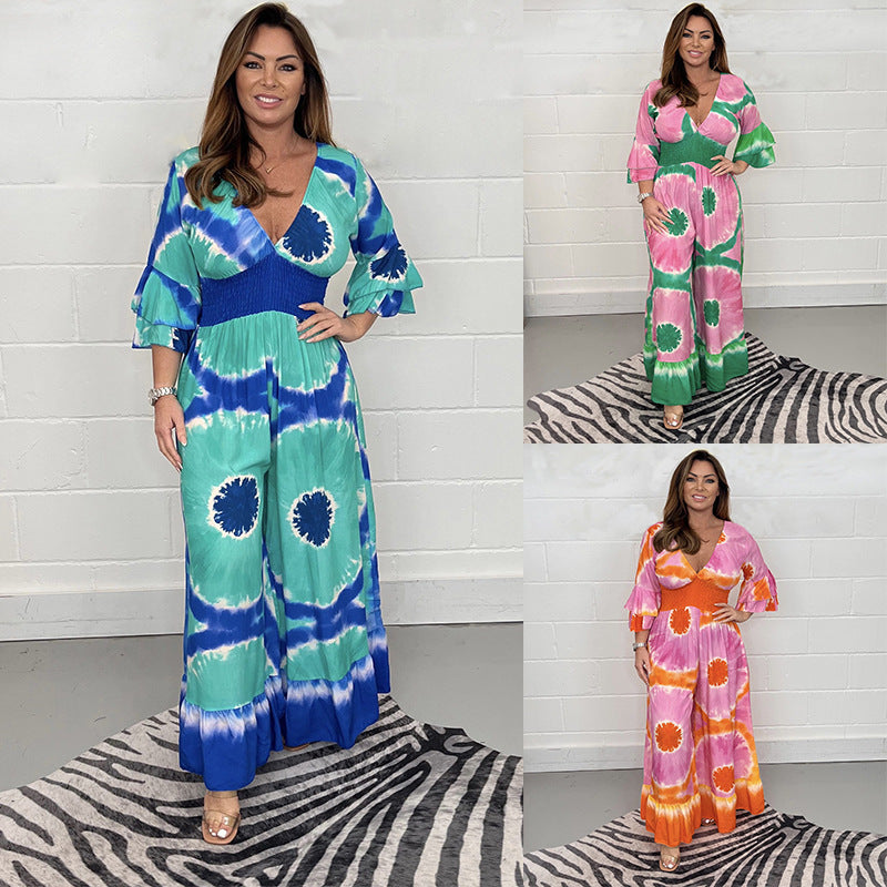 Ladies Elegant Maxi Dress with Floral Pattern and Deep V Neckline Chic and Stylish