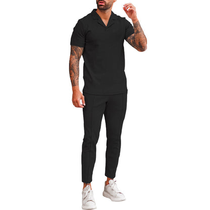 Elegant men's short sleeve polo with textured design and matching slim-fit trousers Chic and Style