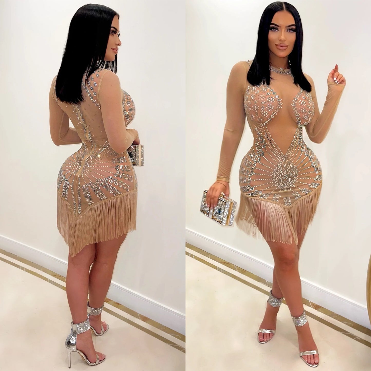 Robe mini transparente ornée de strass pour femmes Chic und Stil