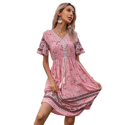 Robe mi-longue décontractée bohème pour femmes avec détail de nouage à franges Chic und Stil