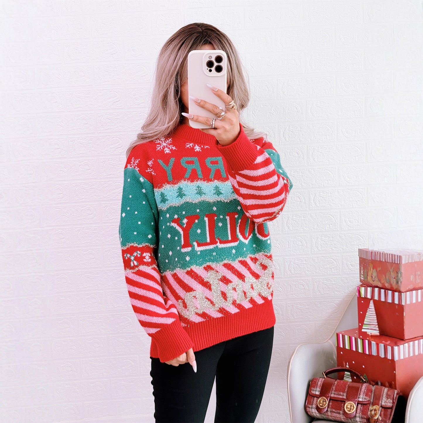 Pull en tricot festif pour femmes avec un design de Noël créatif Chic und Stil