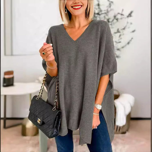 Pull V pour femmes en tricot fin avec des manches larges et un style décontracté Chic und Stil