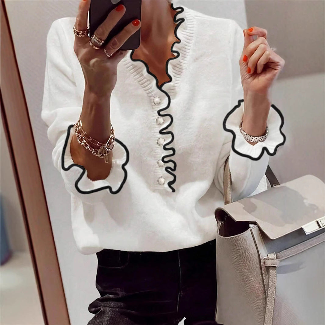 Dames élégant sweat-shirt avec détails froncés et boutons en perles Chic und Stil