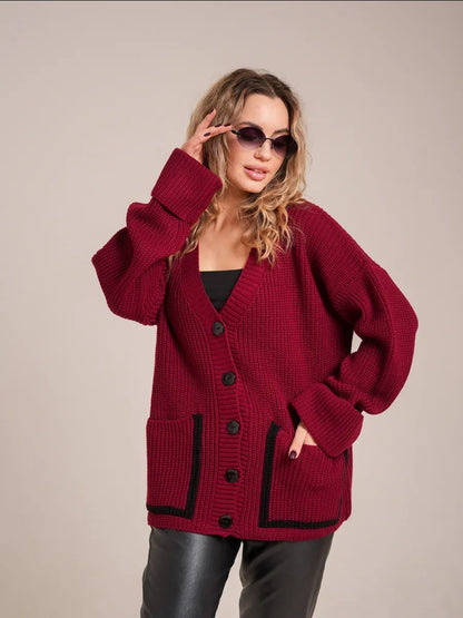 Dames gros tricot cardigan avec poches et élégants détails contrastés Chic und Stil