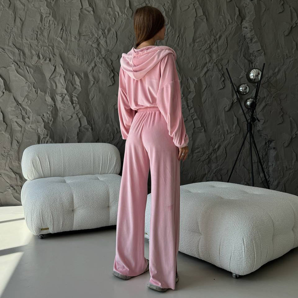 Women's sporty lounge set with comfortable hoodie and chic wide leg pants style