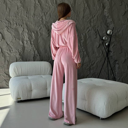 Women's sporty lounge set with comfortable hoodie and chic wide leg pants style