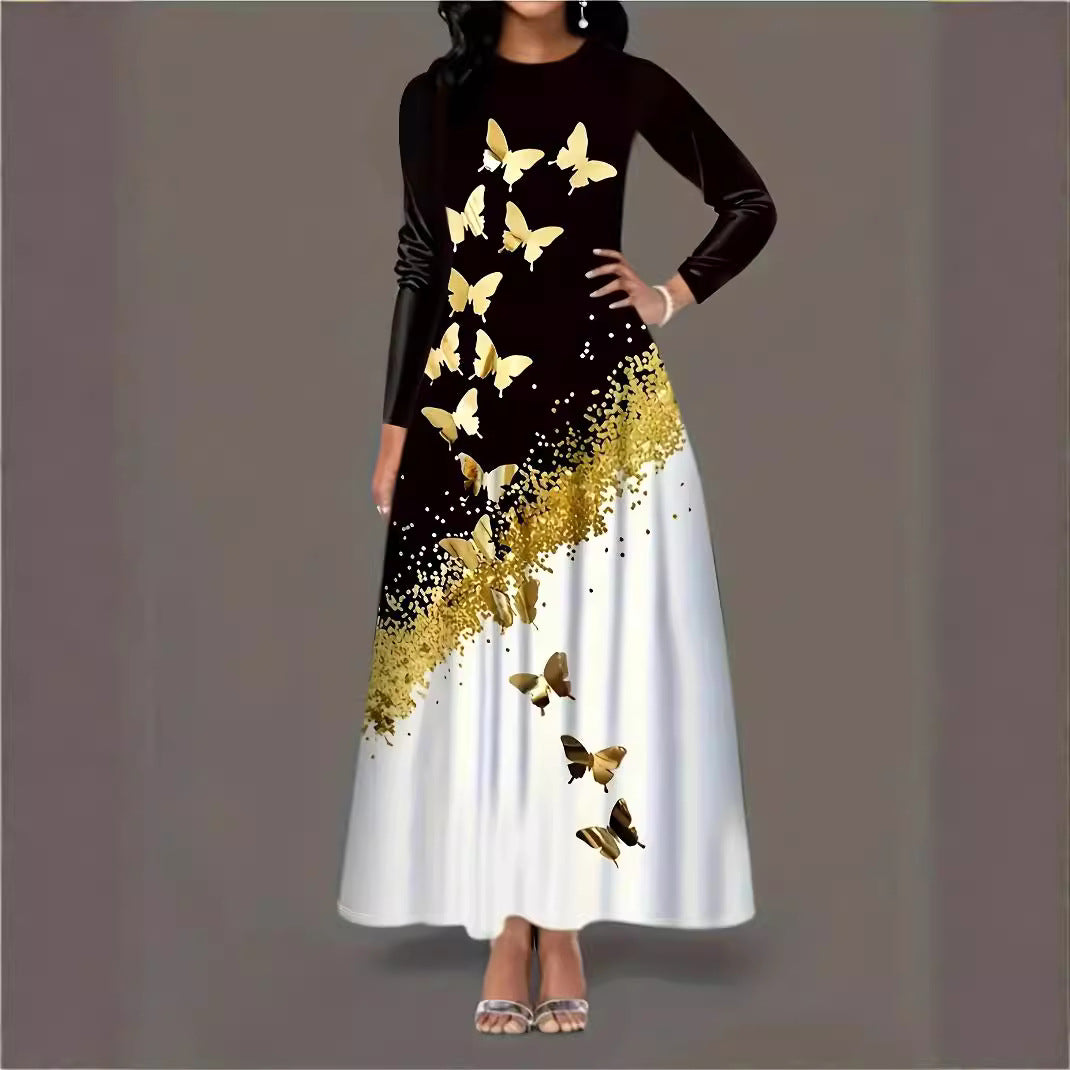 Robe maxi pour femmes avec un motif de papillon élégant et un accent doré étincelant Chic und Stil