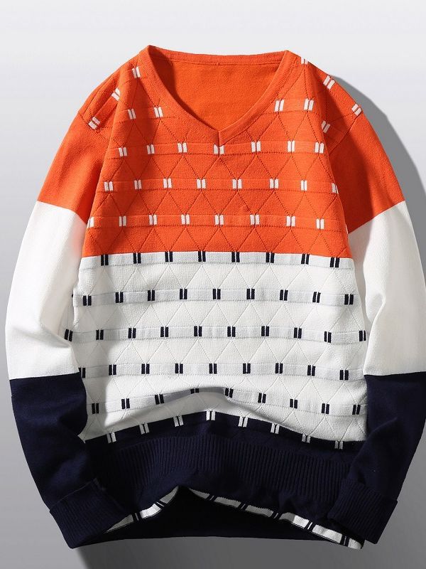 Pullover à col en V tendance pour femmes avec motif de structure graphique Chic und Stil