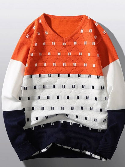 Pullover à col en V tendance pour femmes avec motif de structure graphique Chic und Stil