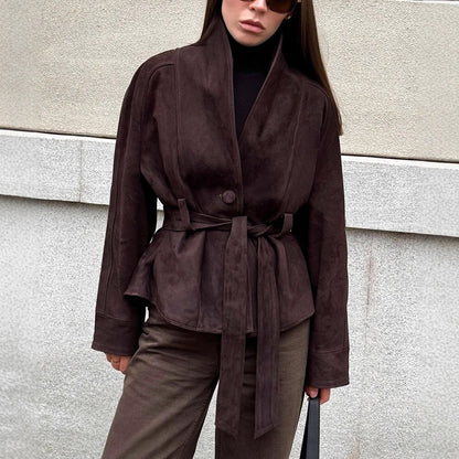 Blazer en suède élégant et à la mode pour femmes avec ceinture Chic und Stil