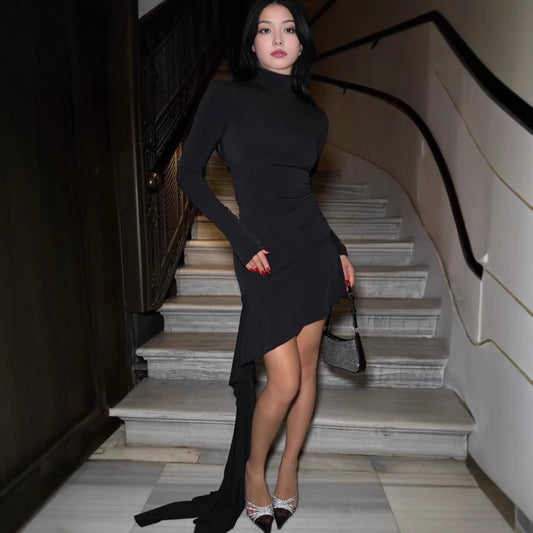 Femme Robe Longue Élégante à Manches Longues avec Ourlet Asymétrique et Conception Ruchée Chic und Stil