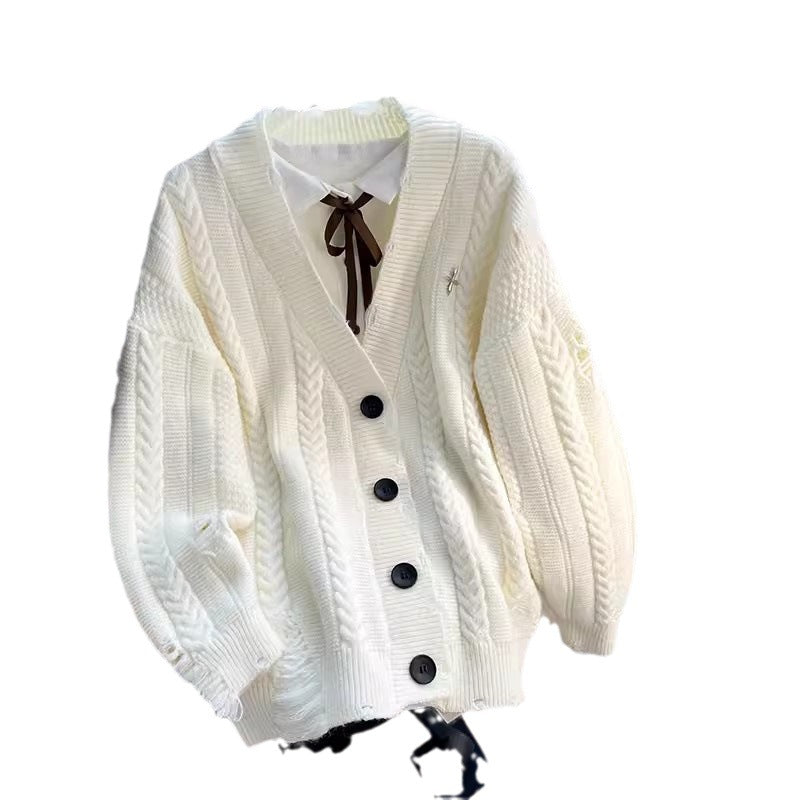 Dames gros tricot cardigan avec décolleté en V profond et détails de boutons Chic und Stil