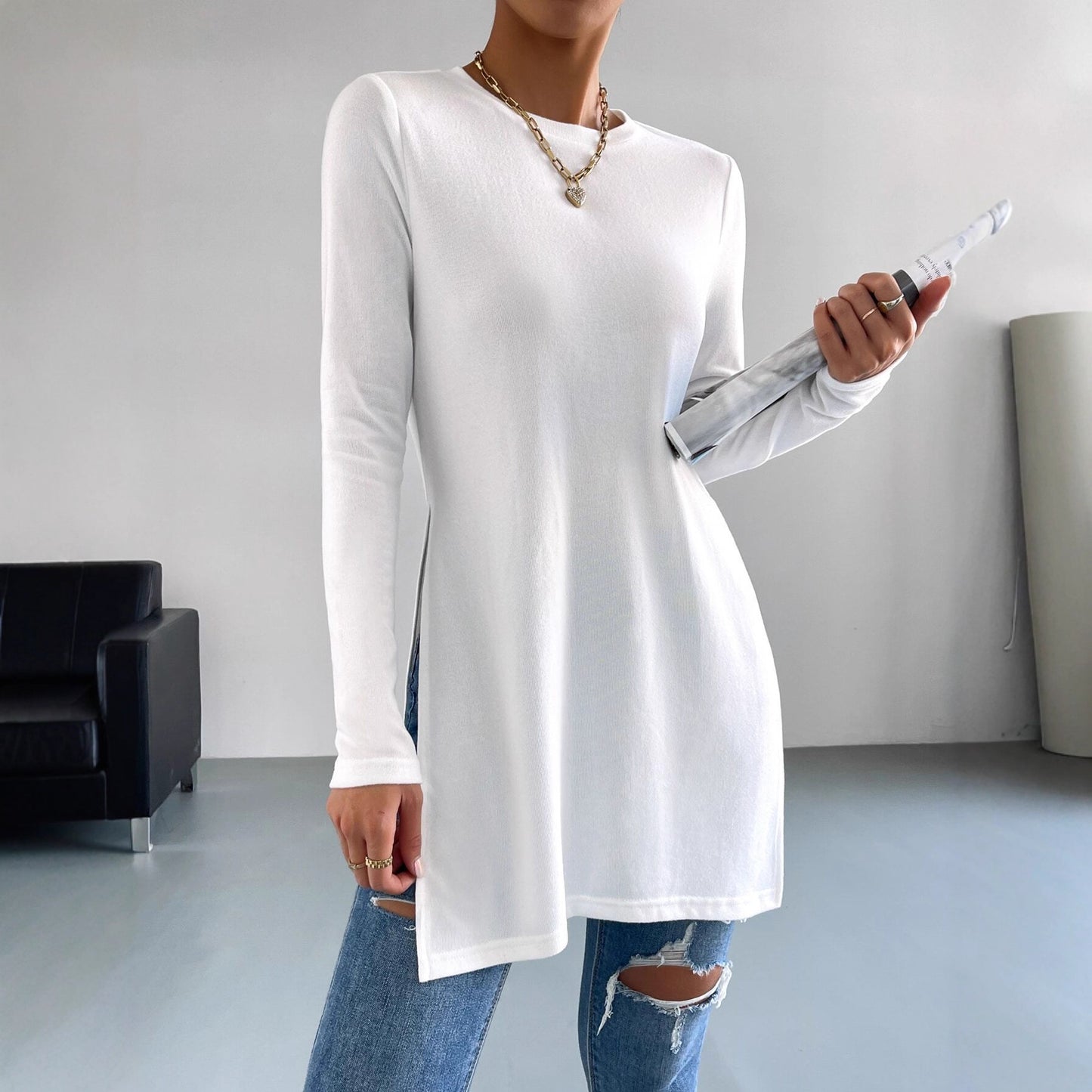 Chemisier à manches longues pour femmes avec fentes latérales et finition de haute qualité Chic und Stil