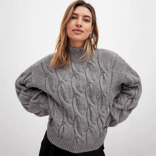 Pull en grosse maille pour femmes avec un col haut et un design de tresse romantique Chic und Stil