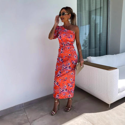 Dames fleurs robe moulante épaule unique Chic und Stil